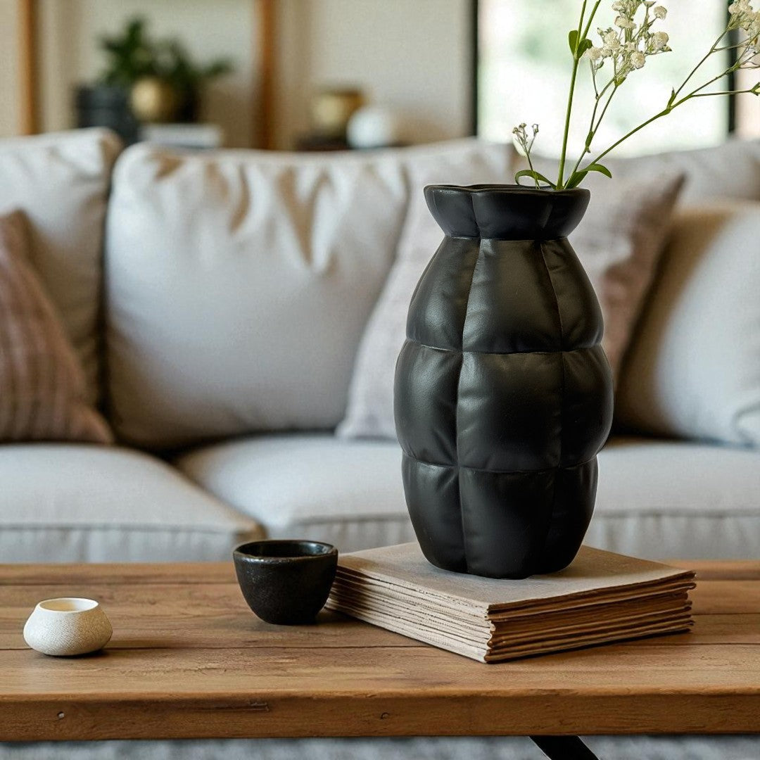 Skylark Terracotta Vase, Hand-painted in Jet Black, 5.5"D x 9"H