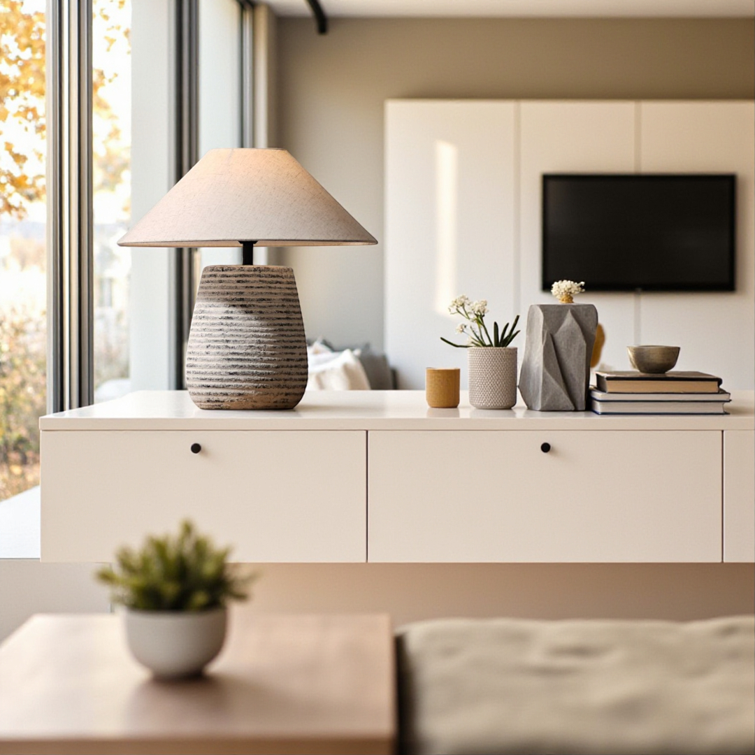 Solvia, Striated Sandstone Ceramic Base with Linen Dawn Fabric Shade, 19.7" D x 19.7" H