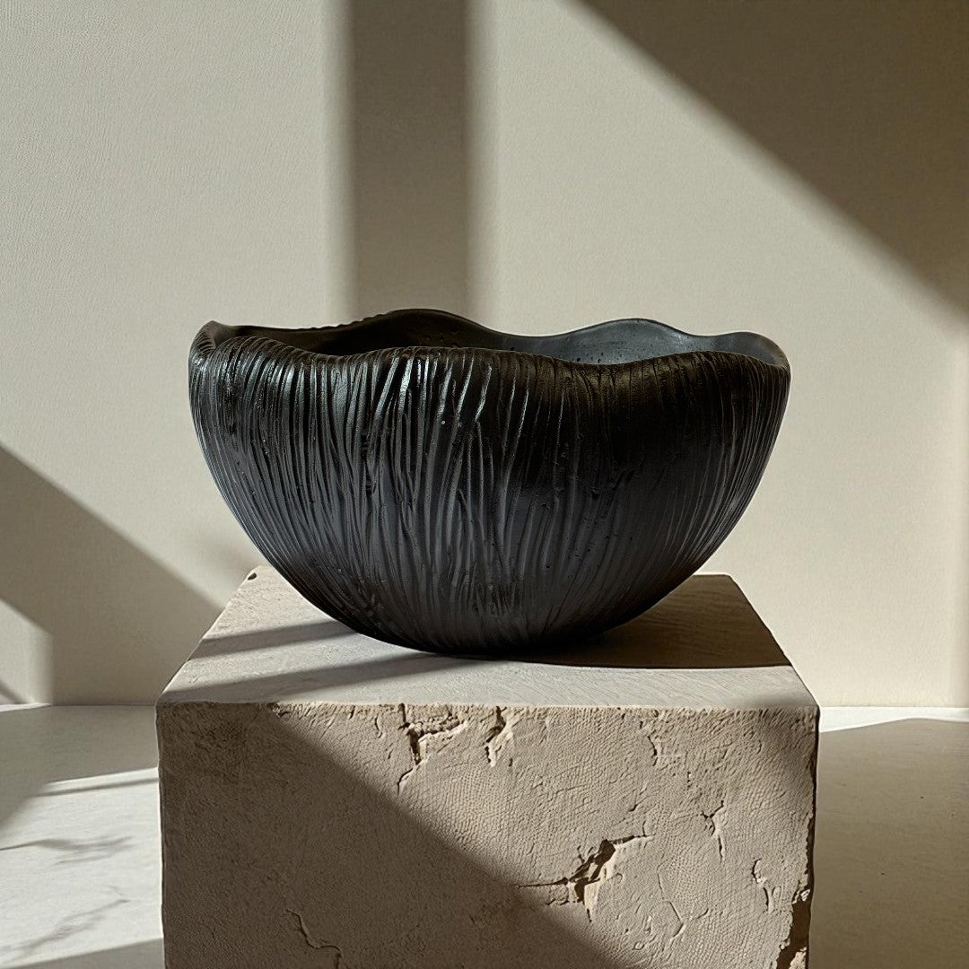 Somerset Bowl, Artisan Cement Display Piece Hand-painted in Jet Black, 11.6' L x 9.8" W x 5.9" H