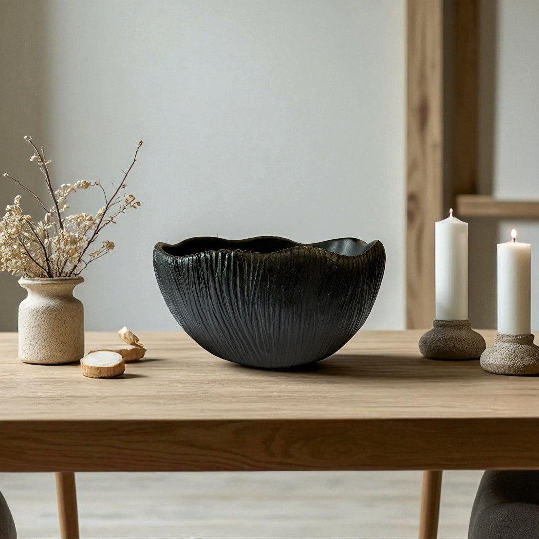 Somerset Bowl, Artisan Cement Display Piece Hand-painted in Jet Black, 11.6' L x 9.8" W x 5.9" H