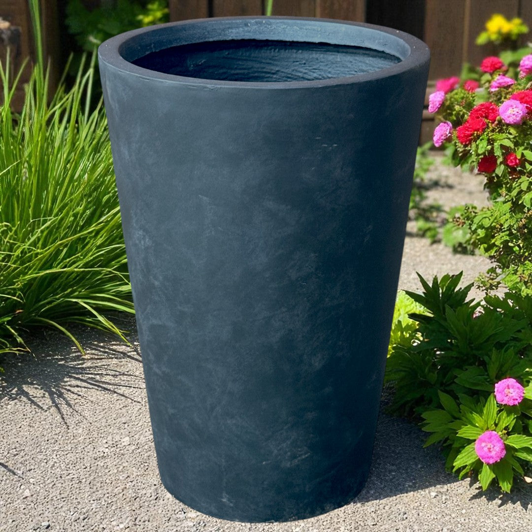 Tahiti Fiber Clay Planter, Hand-painted in Weathered Black, 19.6"D x 27.5"H