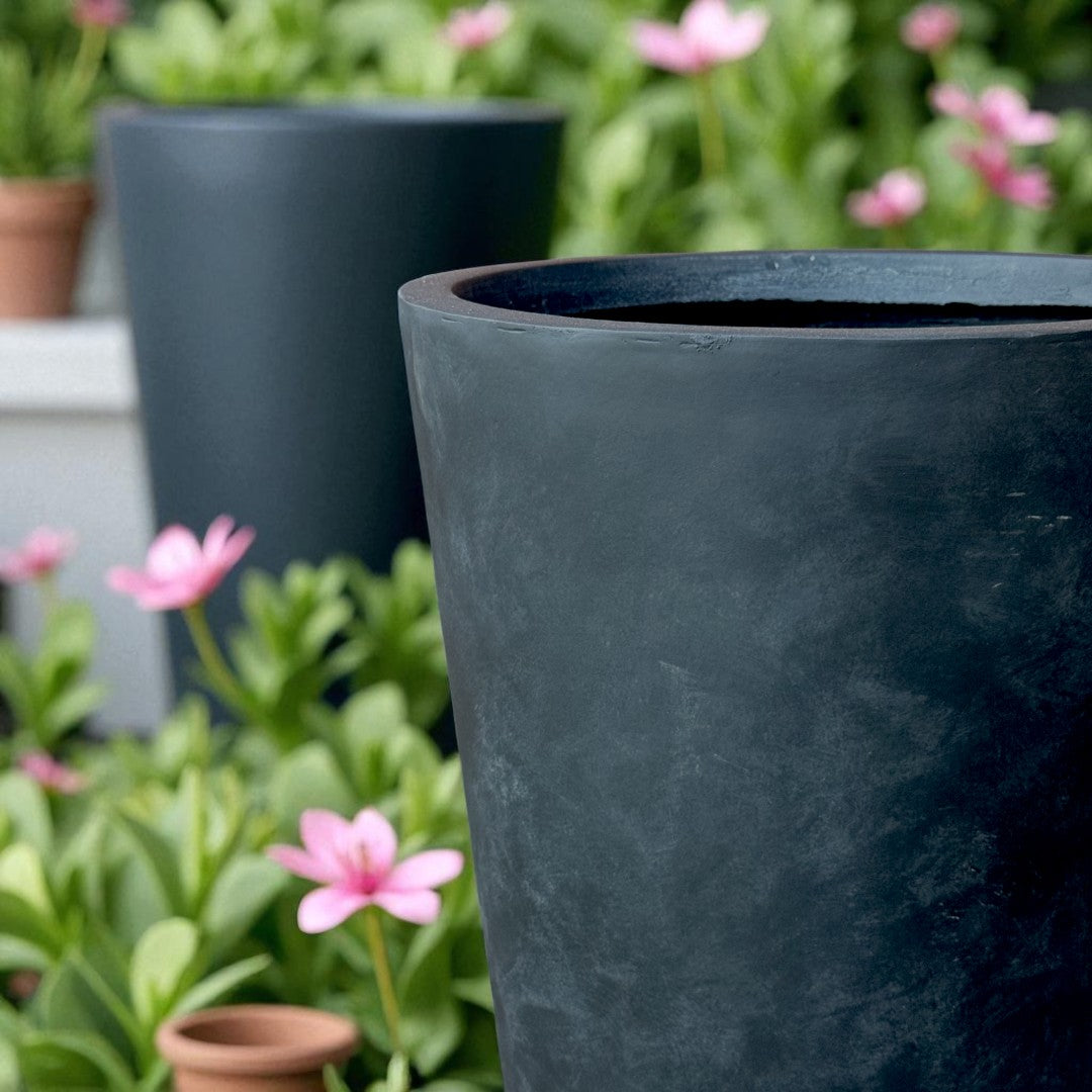 Tahiti Fiber Clay Planter, Hand-painted in Weathered Black, 19.6"D x 27.5"H