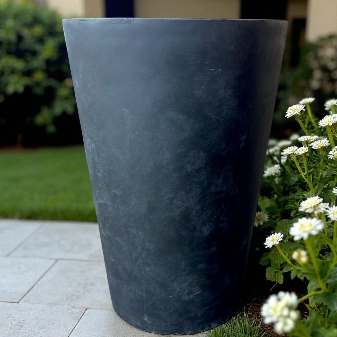 Tahiti Fiber Clay Planter, Hand-painted in Weathered Black, 19.6"D x 27.5"H