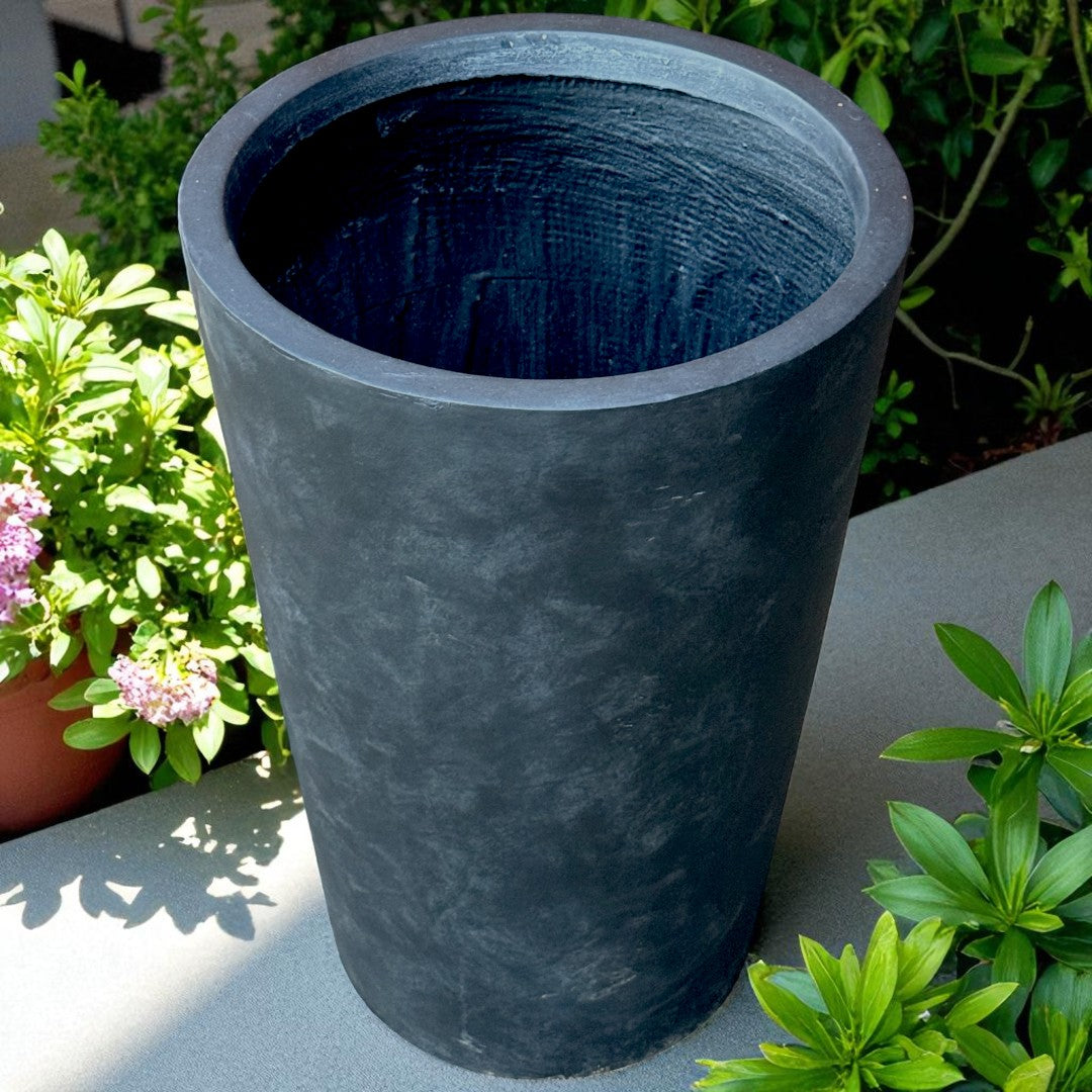Tahiti Fiber Clay Planter, Hand-painted in Weathered Black, 19.6"D x 27.5"H