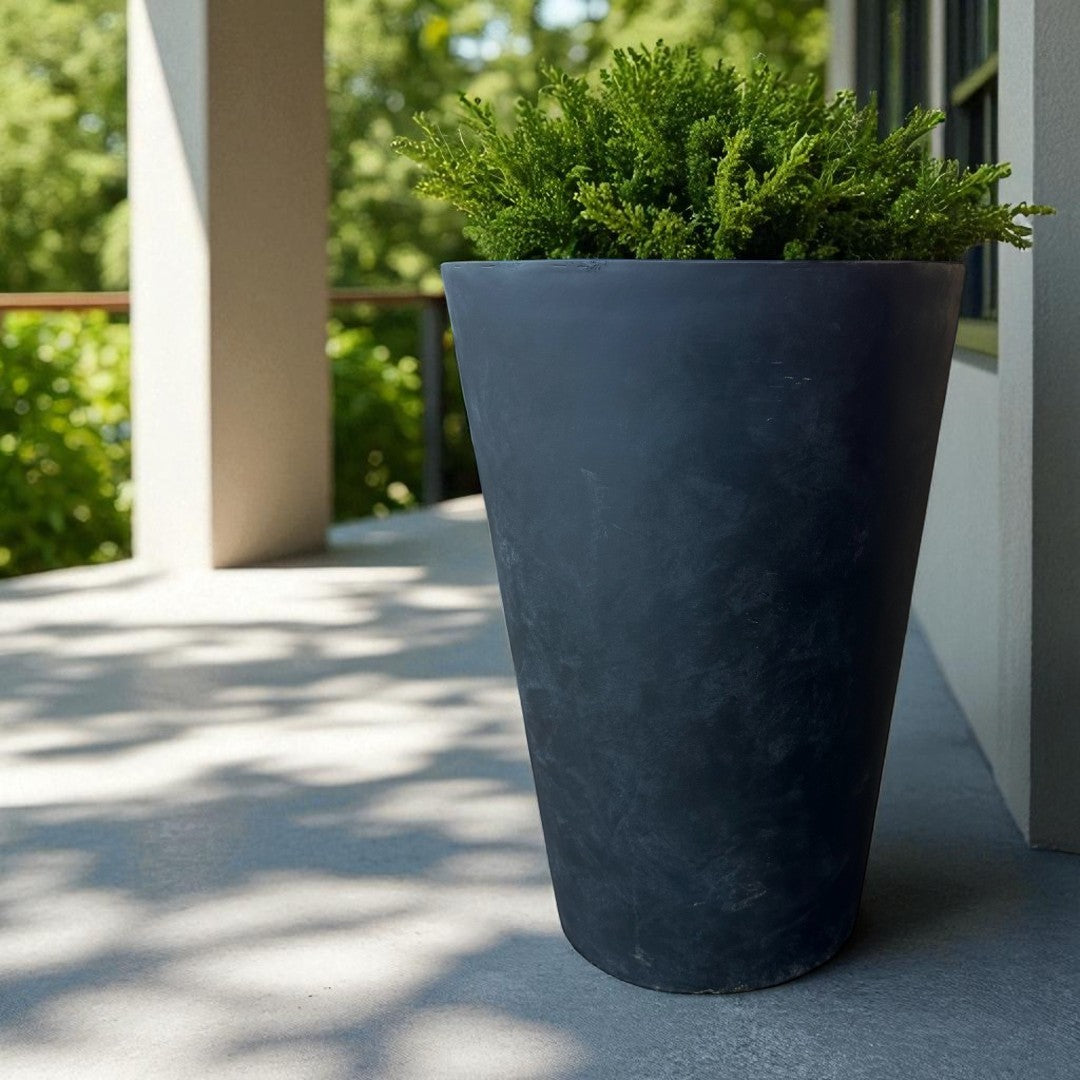 Tahiti Fiber Clay Planter, Hand-painted in Weathered Black, 19.6"D x 27.5"H