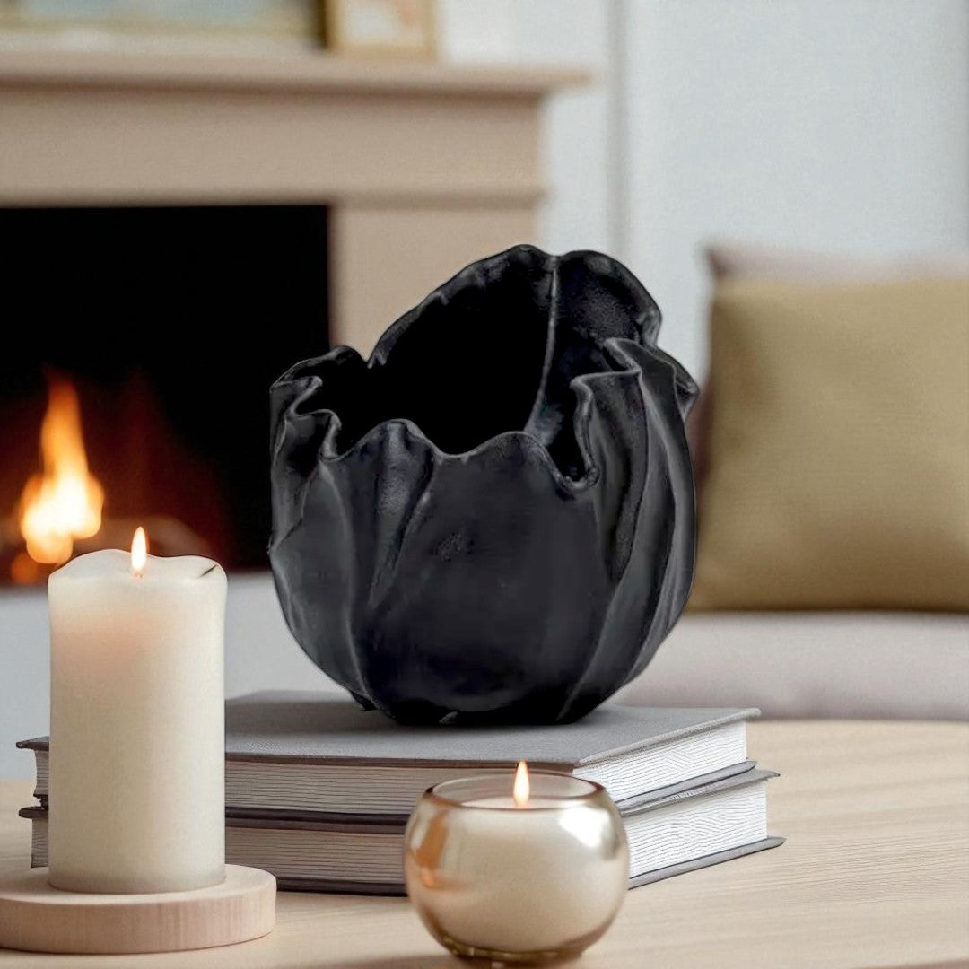 Theia, Black Ceramic Sculptural Vase, 7.3"L x 5.7"W x 6.1"H