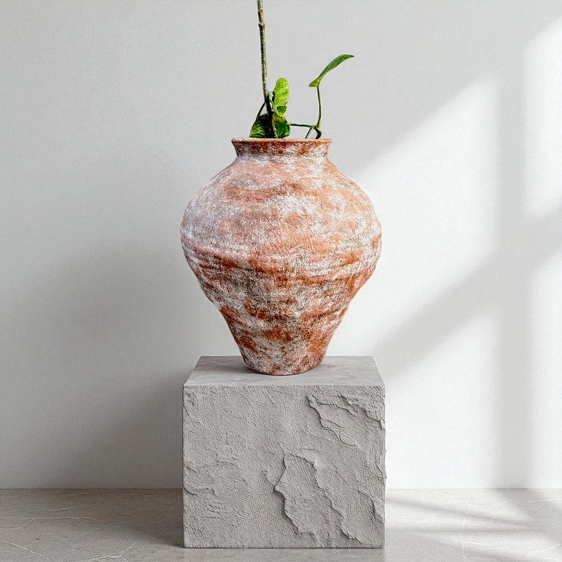 Mojave Rustique Fiber Clay Vessel, Hand-Painted in Aged Terracotta 15.7" D x 18.8" H
