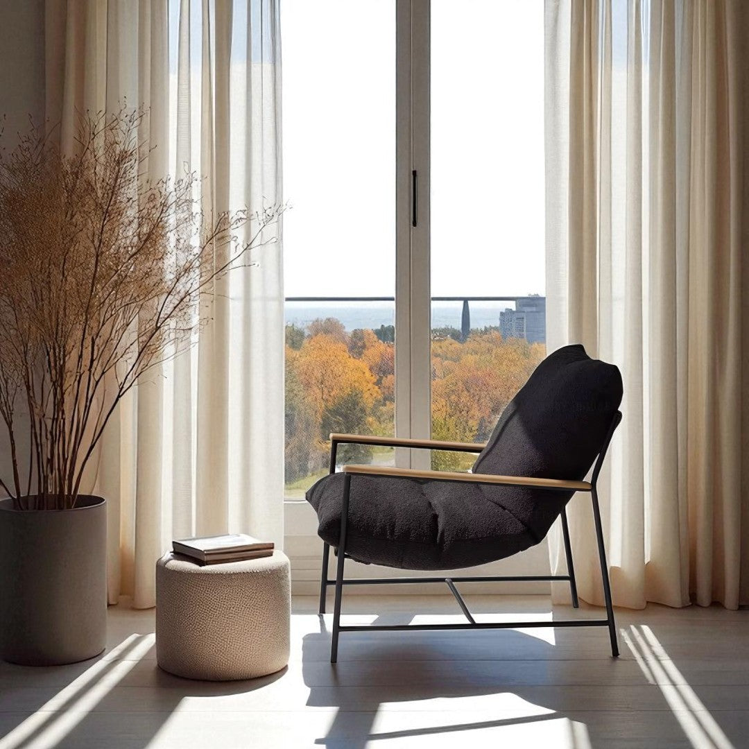 Vera, Steel & Leather Oversized Lounge Chair in Boucle Black, 33”L x 41”W x 34”H