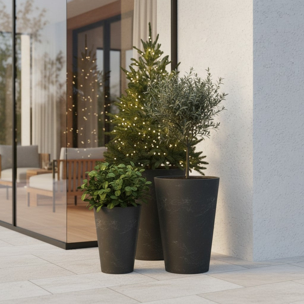 Tahiti Fiber Clay Planter, Hand-painted in Weathered Black, 19.6"D x 27.5"H