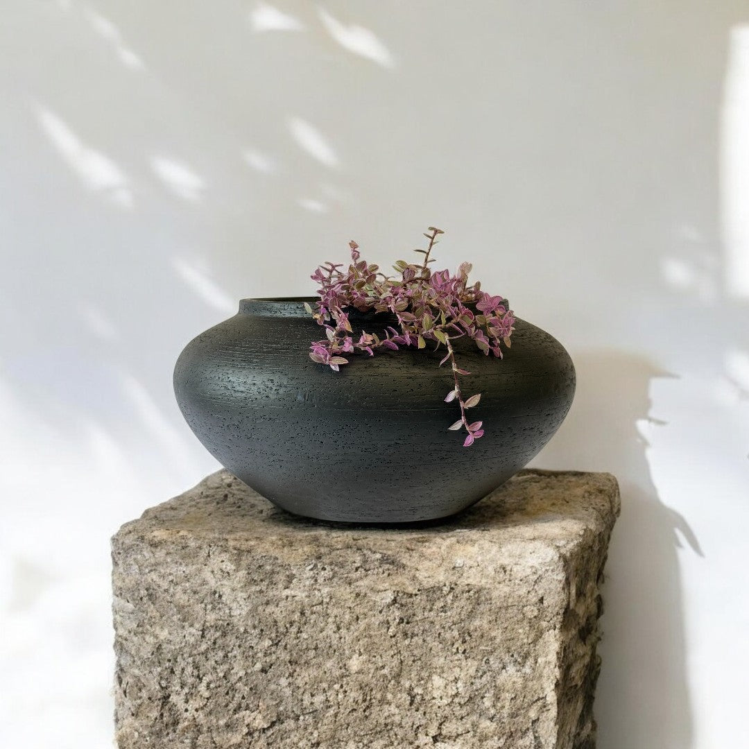 Milan, Terracotta Vessel, Handpainted in Jet Black, 12.5"D x 6.2"H