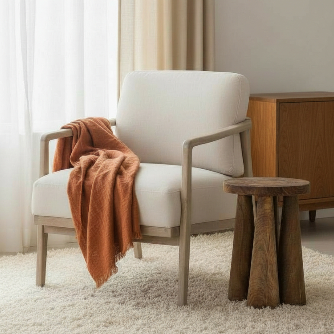 Arvora, Oak Rope Back Armchair in a Smoky Grey Finish with Oatmeal Linen Weave Upholstery & Hand Strung Rope Back Detail 30”L x 32”W x 35”H