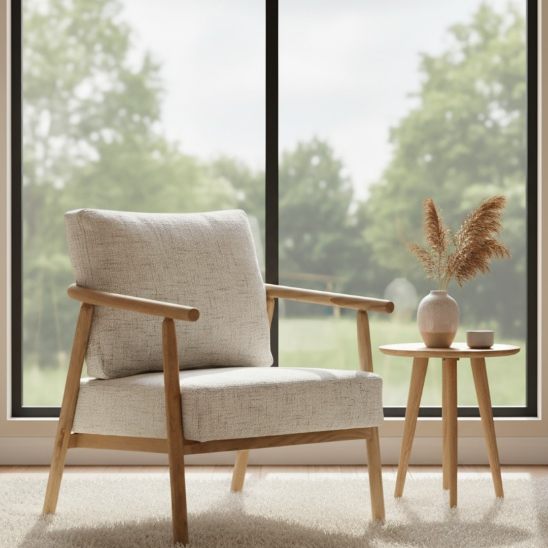 Athea Accent Lounge Chair, Solid Oak Armrest 28”L x 26”W x 32”H