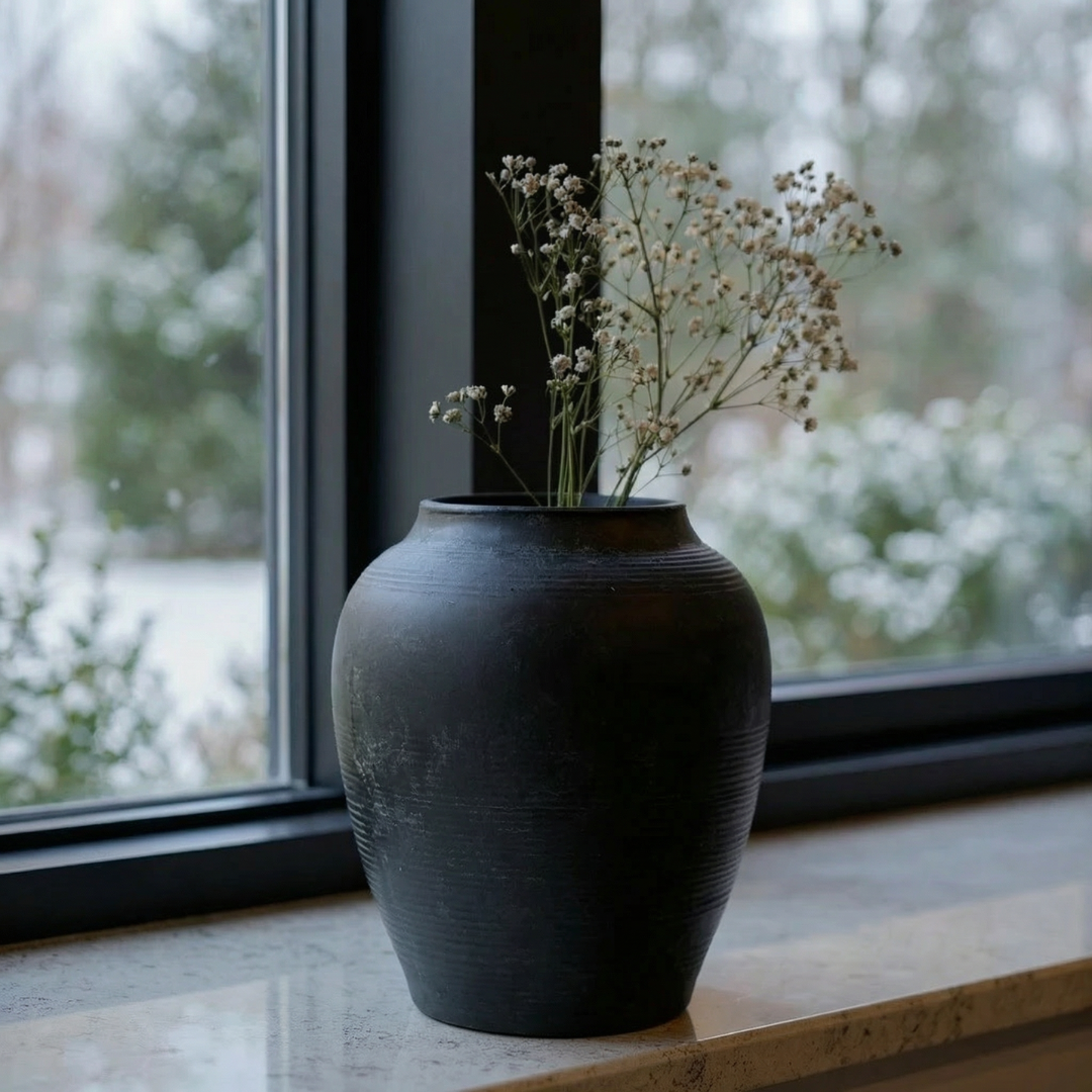 Heritage Classic Terracotta Vessel - Hand-Painted in Weathered Black, 7.8"D x 9.4"H