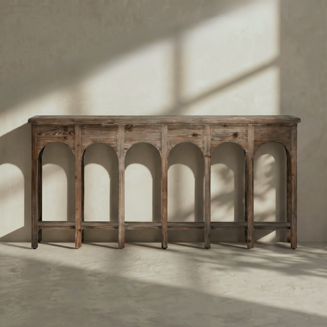 Aeris, Arched Reclaimed Pine Console Table in Cold Smoky Grey Finish, 70”L x 15”W x 33”H