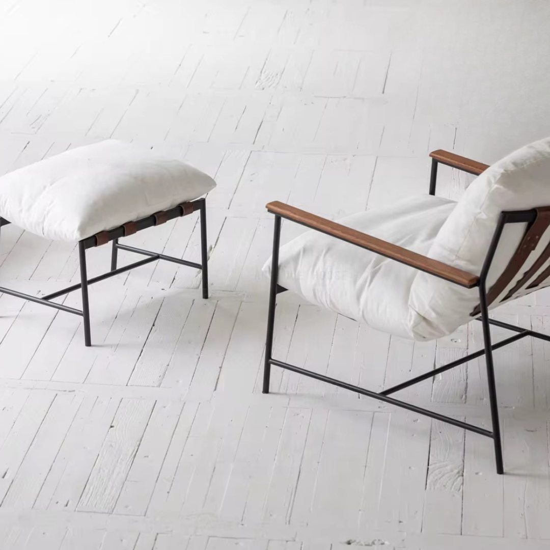 Vera, Steel & Leather Lounge Chair Foot Stool in Boucle White, 24”L x 17”W x 14”H