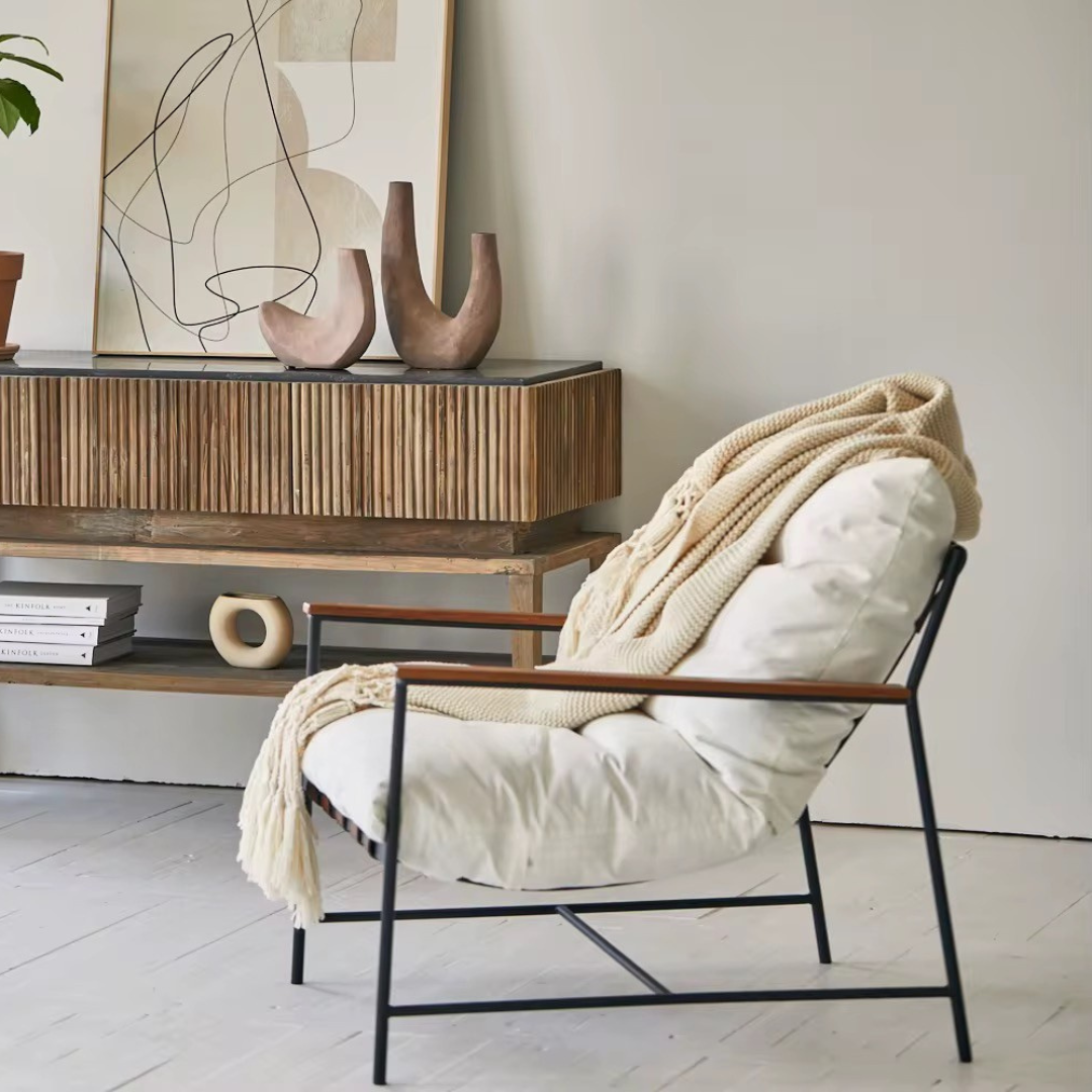 Vera, Steel & Leather Oversized Lounge Chair in White, 33”L x 41”W x 34”H