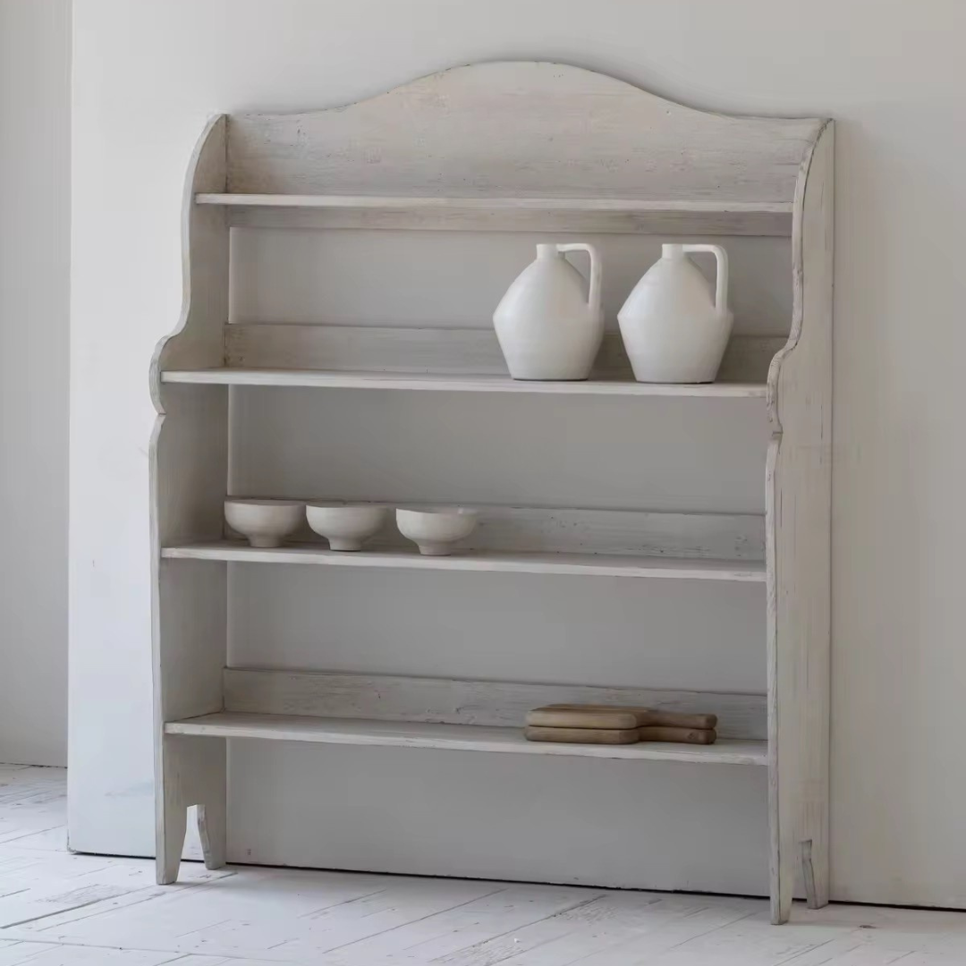 Elara, Reclaimed Pine Display Shelf in Brushed White Finish, 47”L x 12”W x 59”H