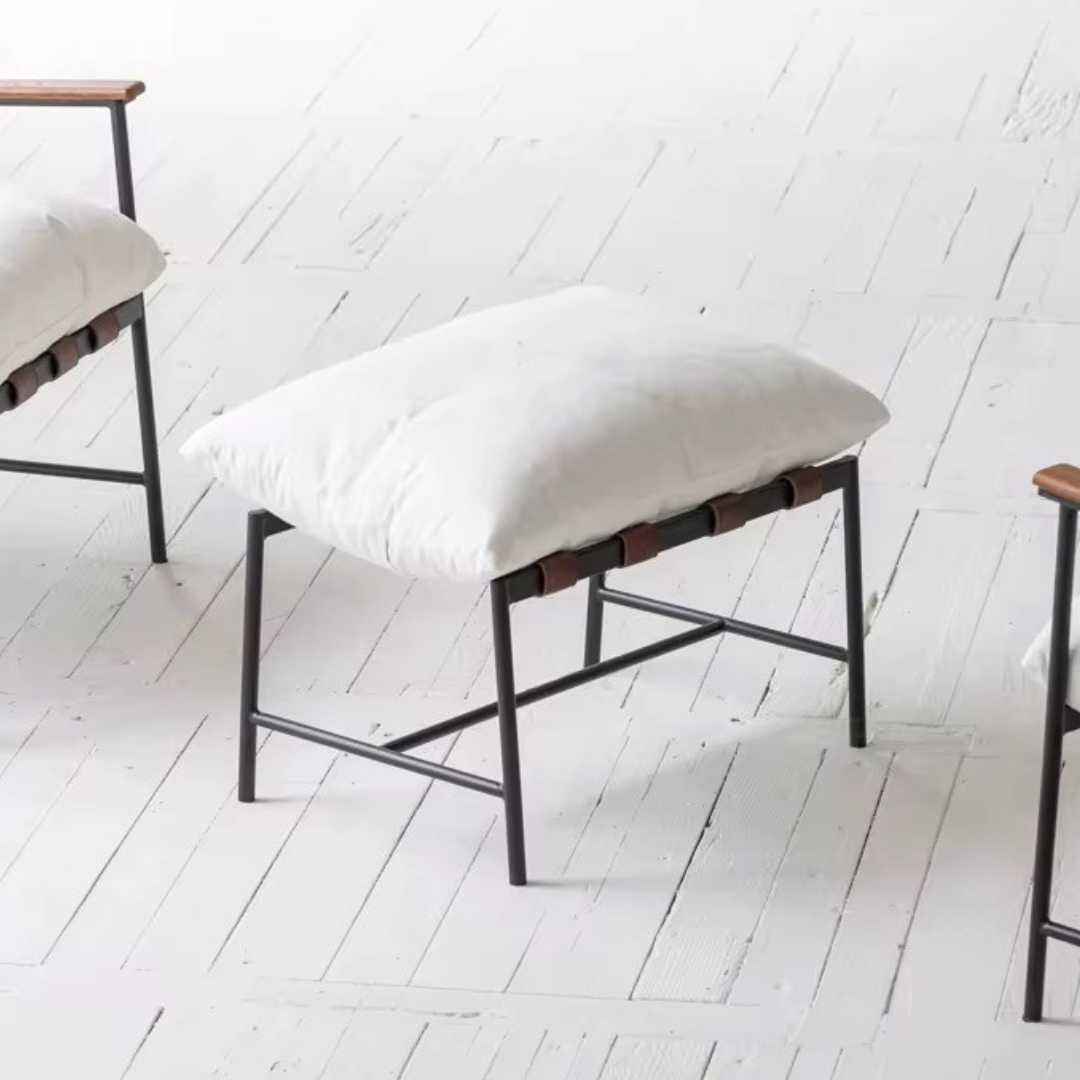 Vera, Steel & Leather Lounge Chair Foot Stool in White, 24”L x 17”W x 14”H