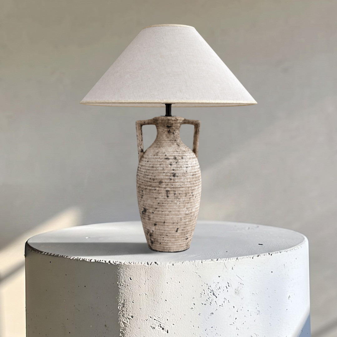 Amphora, Rustic Ceramic Base with Classic Fabric Shade, 19.7" D x 28.3" H