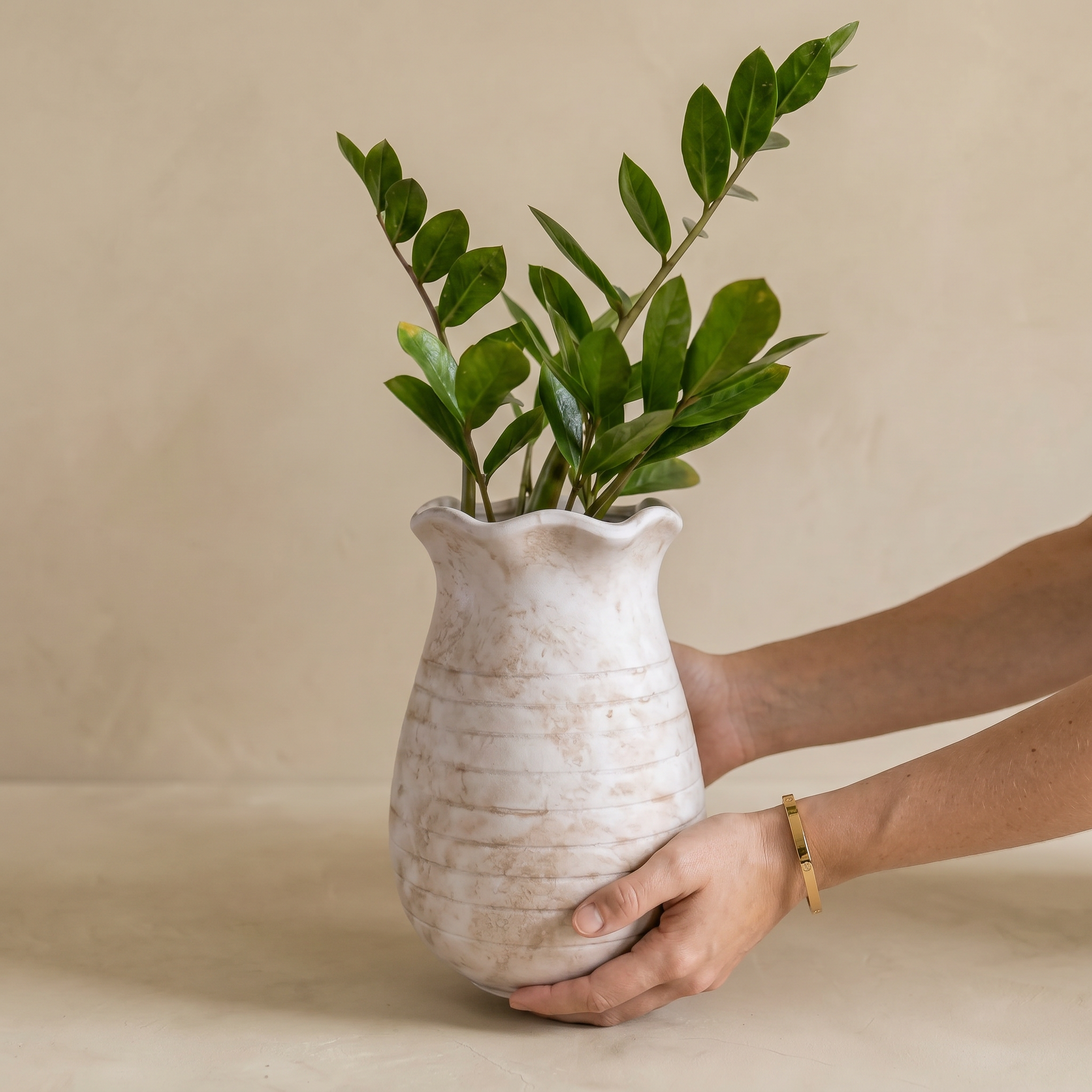 Sable Scalloped Crock, Terracotta Pot, Hand-Painted in Aged White, 6.2"D x 9.4"H