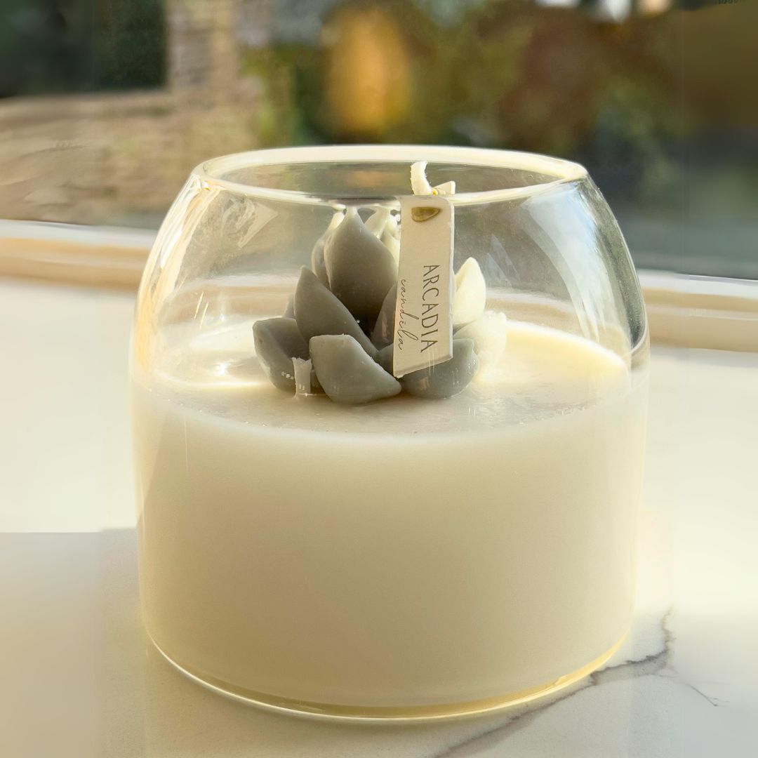 Spring Floral Bliss: Lotus Scent - Sage Succulent, 4 Wick Candle in Clear Glass