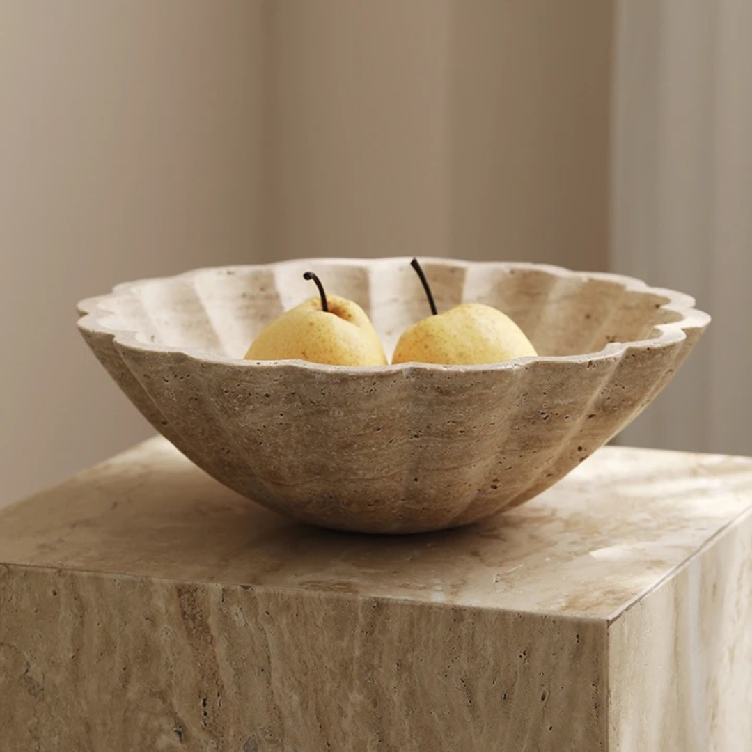 Crescendo Large Beige Travertine Bowl with Scalloped-edge Detail