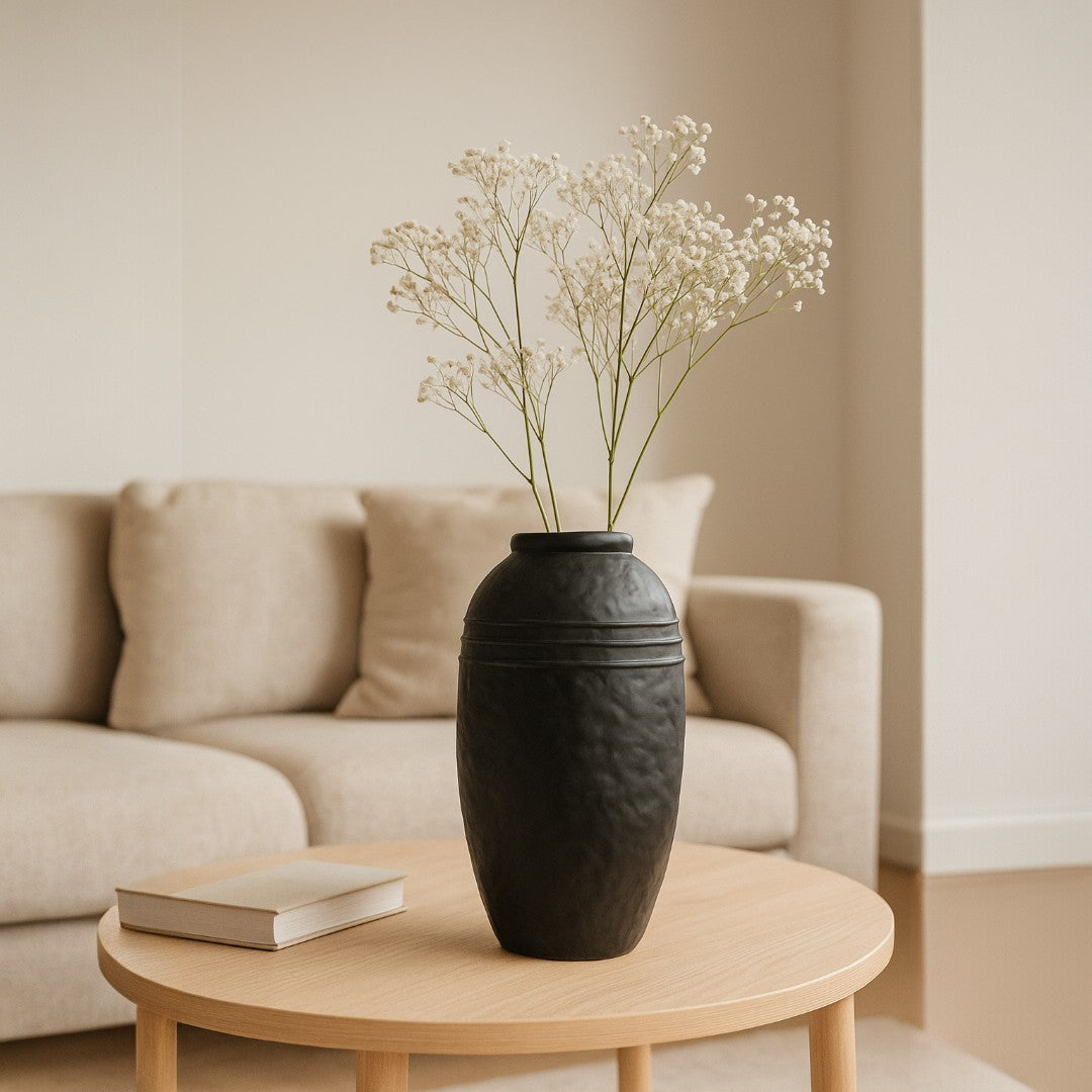 Arden Terracotta Vessel, hand-painted in Jet Black, 7.4"D x 13"H