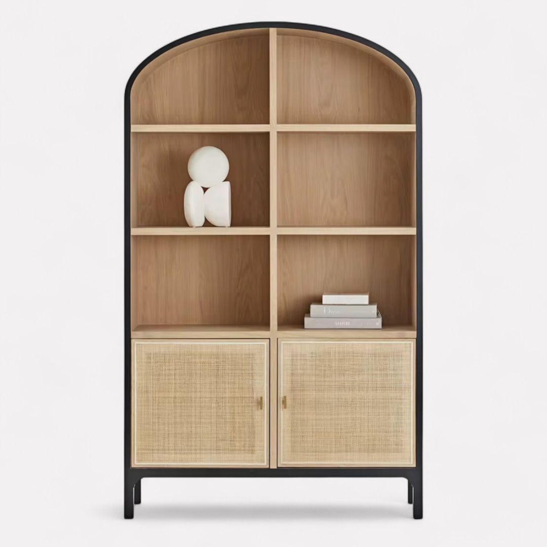 Arke, Oak & Rattan Display Bookcase in Natural Oak, Matte Brushed Black & Rattan Weave 50”L x 16.5”W x 83”H