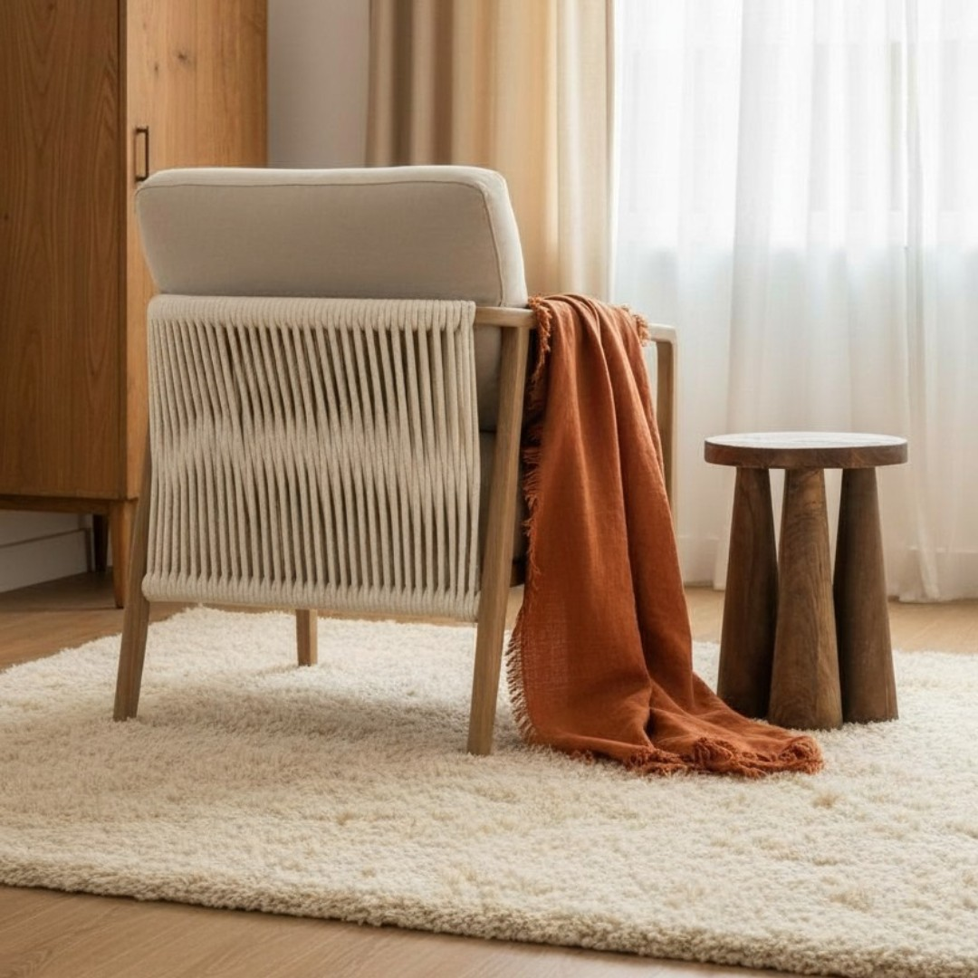 Arvora, Oak Rope Back Armchair in a Smoky Grey Finish with Oatmeal Linen Weave Upholstery & Hand Strung Rope Back Detail 30”L x 32”W x 35”H