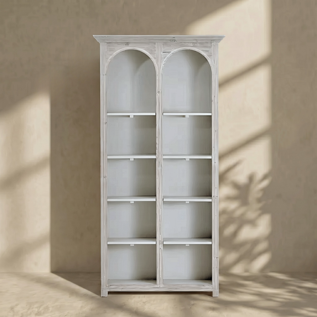 Athis, Double-Arch Recycled Pine, Bookcase/ Display Cabinet in Natural Limewash Finish, 40"L x 12"W x 79"H