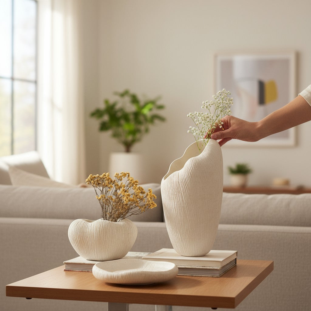 Zephyr Vasque, Artisan Cement Display Piece Hand-painted in White Dove, 8.2"D x 15.7"H