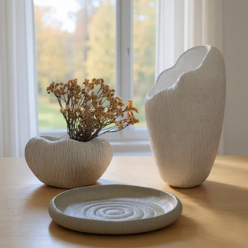 Zephyr Vasque, Artisan Cement Display Piece Hand-painted in White Dove, 8.2"D x 15.7"H