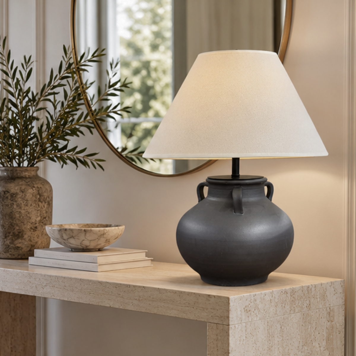 Cora, Ceramic Accent Table Lamp, Ivory Fabric Canopy 16.5" D x 19.7" H