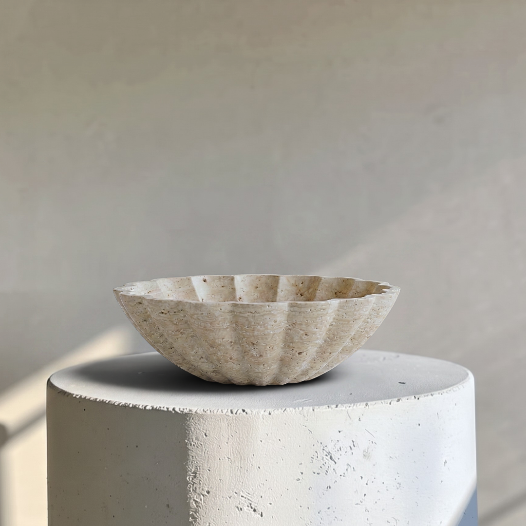 Crescendo Large Beige Travertine Bowl with Scalloped-edge Detail