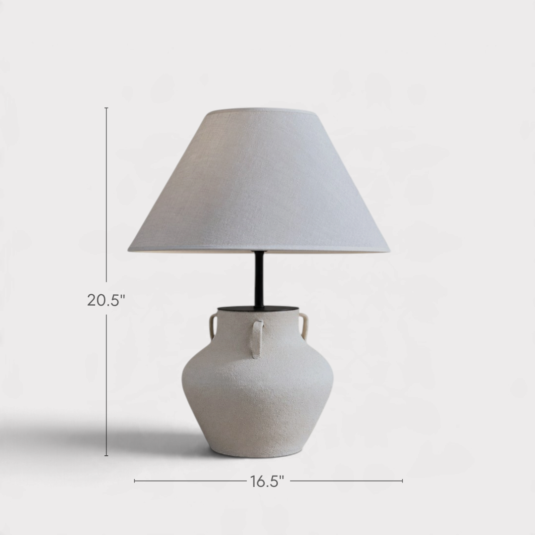 Iona, Sand-Hued Ceramic Base with Soft Linen Fabric Shade, 16.5" D x 20.5" H