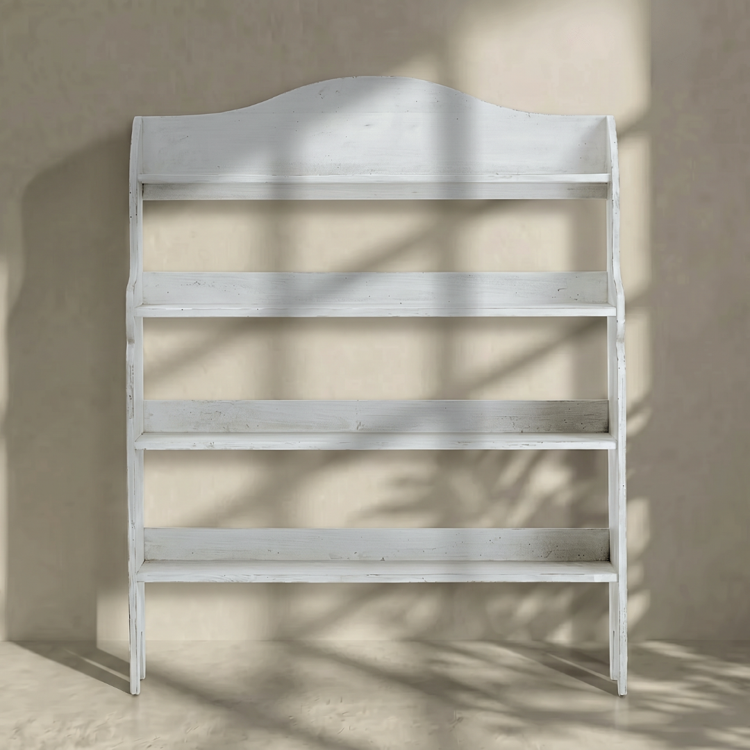 Elara, Reclaimed Pine Display Shelf in Brushed White Finish, 47”L x 12”W x 59”H