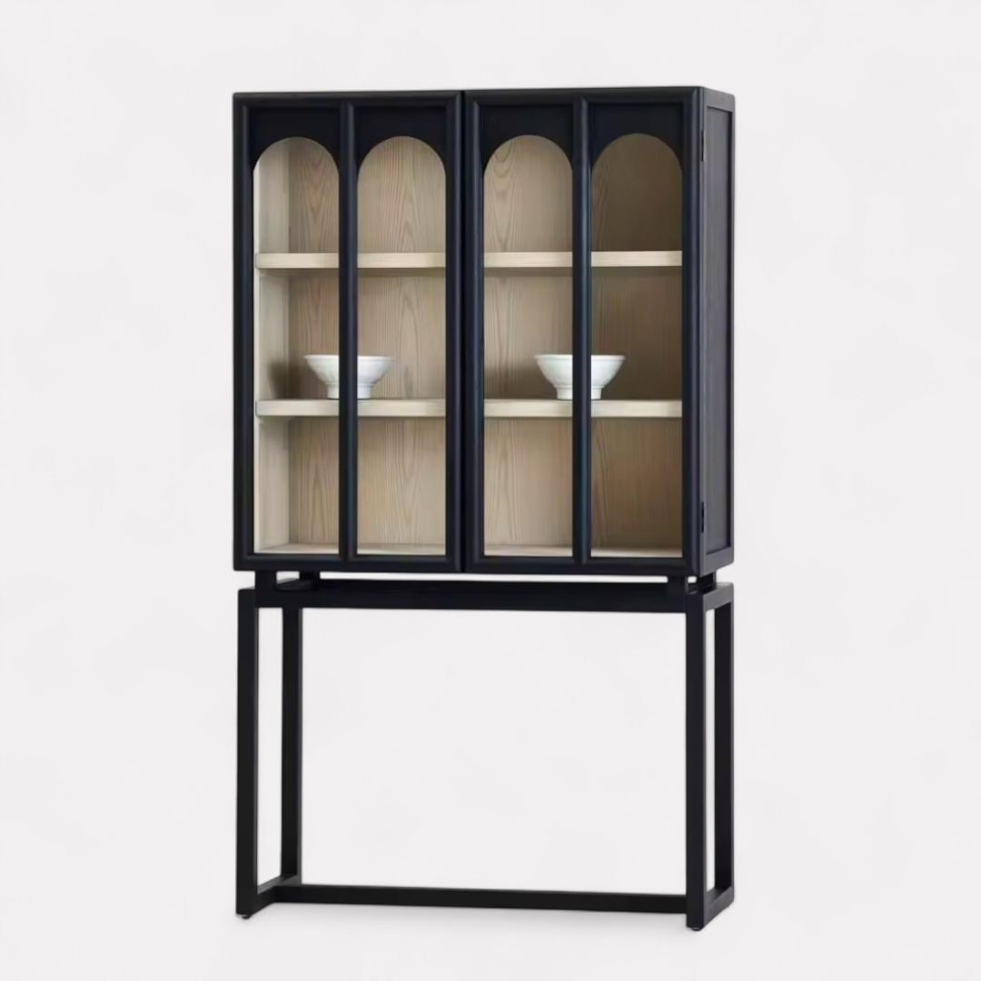 Ephyra, Oak Display Cabinet in Waxed Black Finish, Featuring Arch Glass Doors, 39.4”L x 17.7”W x 67.7”H.