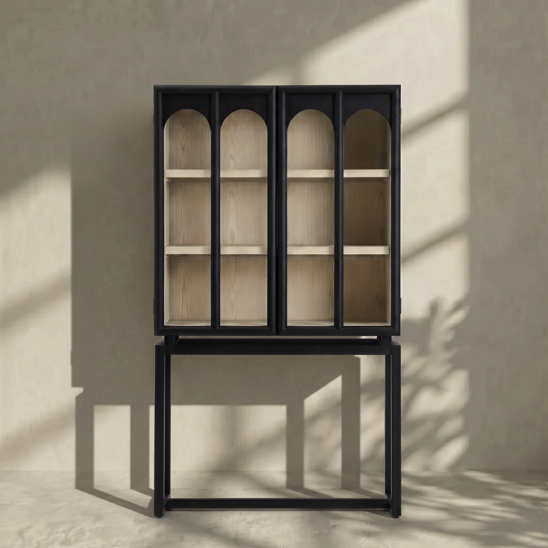 Ephyra, Oak Display Cabinet in Waxed Black Finish, Featuring Arch Glass Doors, 39.4”L x 17.7”W x 67.7”H.