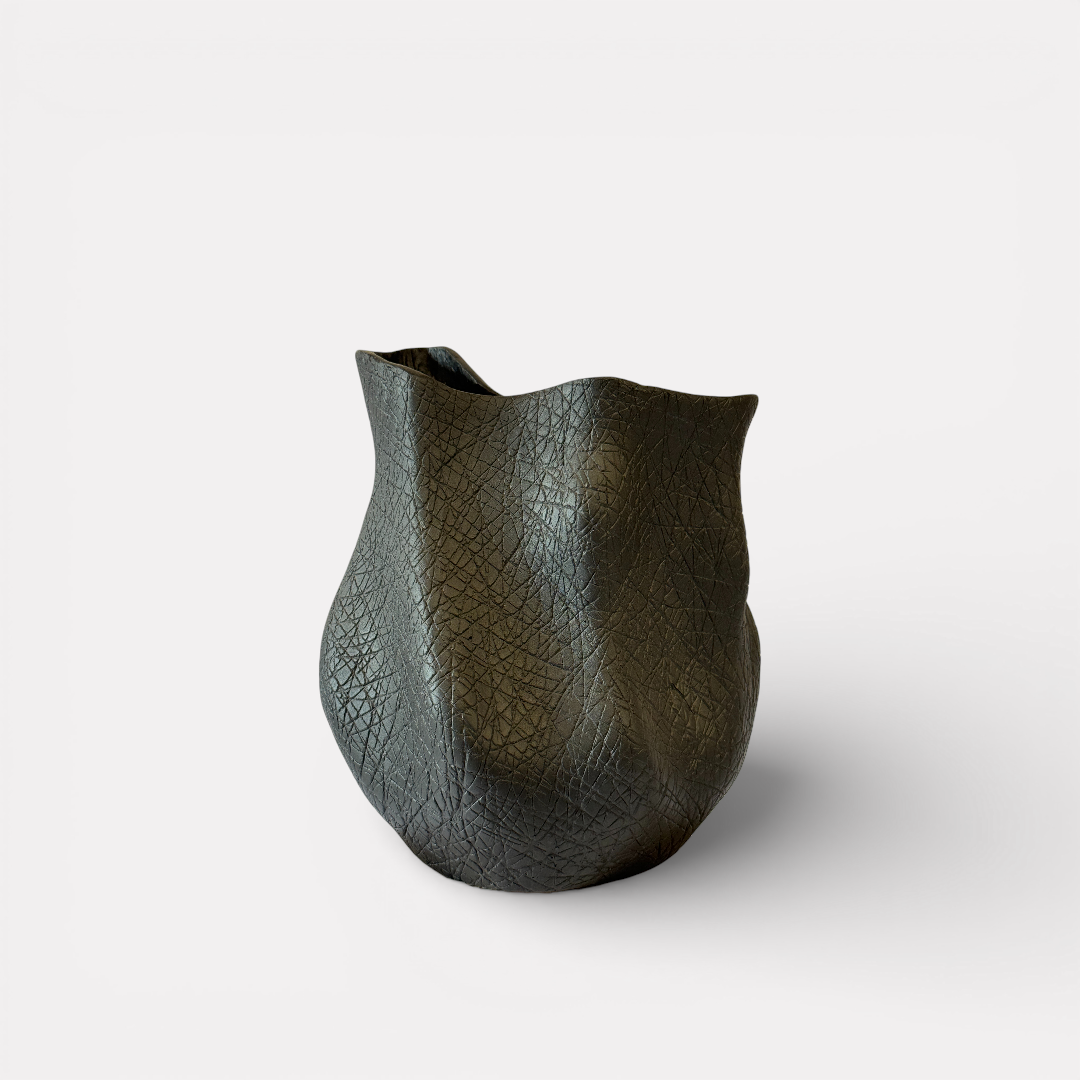 Everest Terracotta Vessel, Hand-painted in Jet Black, 11.4"L x 10"W x 13."H