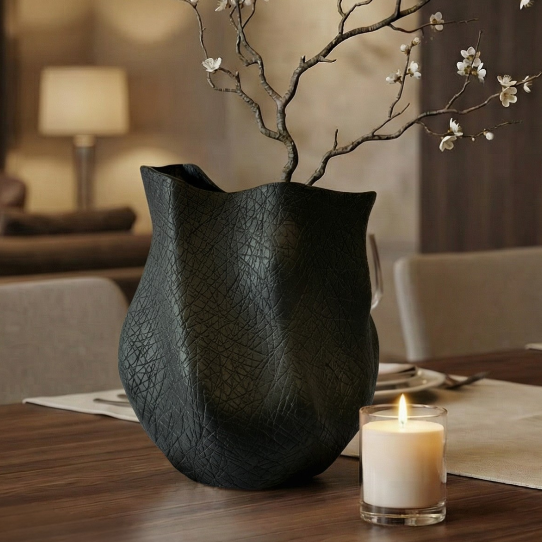 Everest Terracotta Vessel, Hand-painted in Jet Black, 11.4"L x 10"W x 13."H