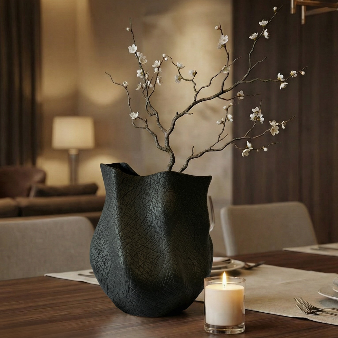 Everest Terracotta Vessel, Hand-painted in Jet Black, 11.4"L x 10"W x 13."H