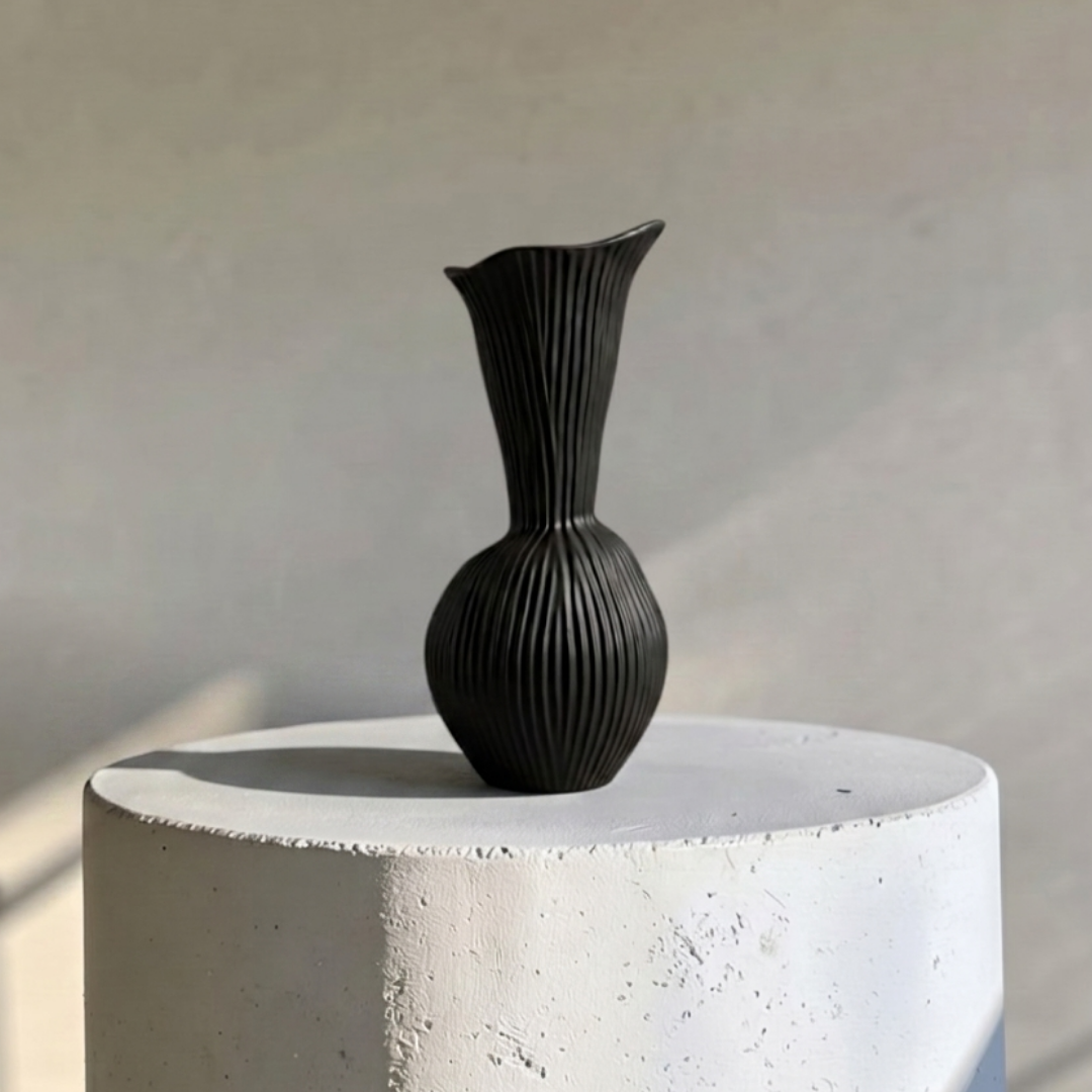 Everly Terracotta Vase, Hand-painted in Jet Black 4.7"D x 10.6" H