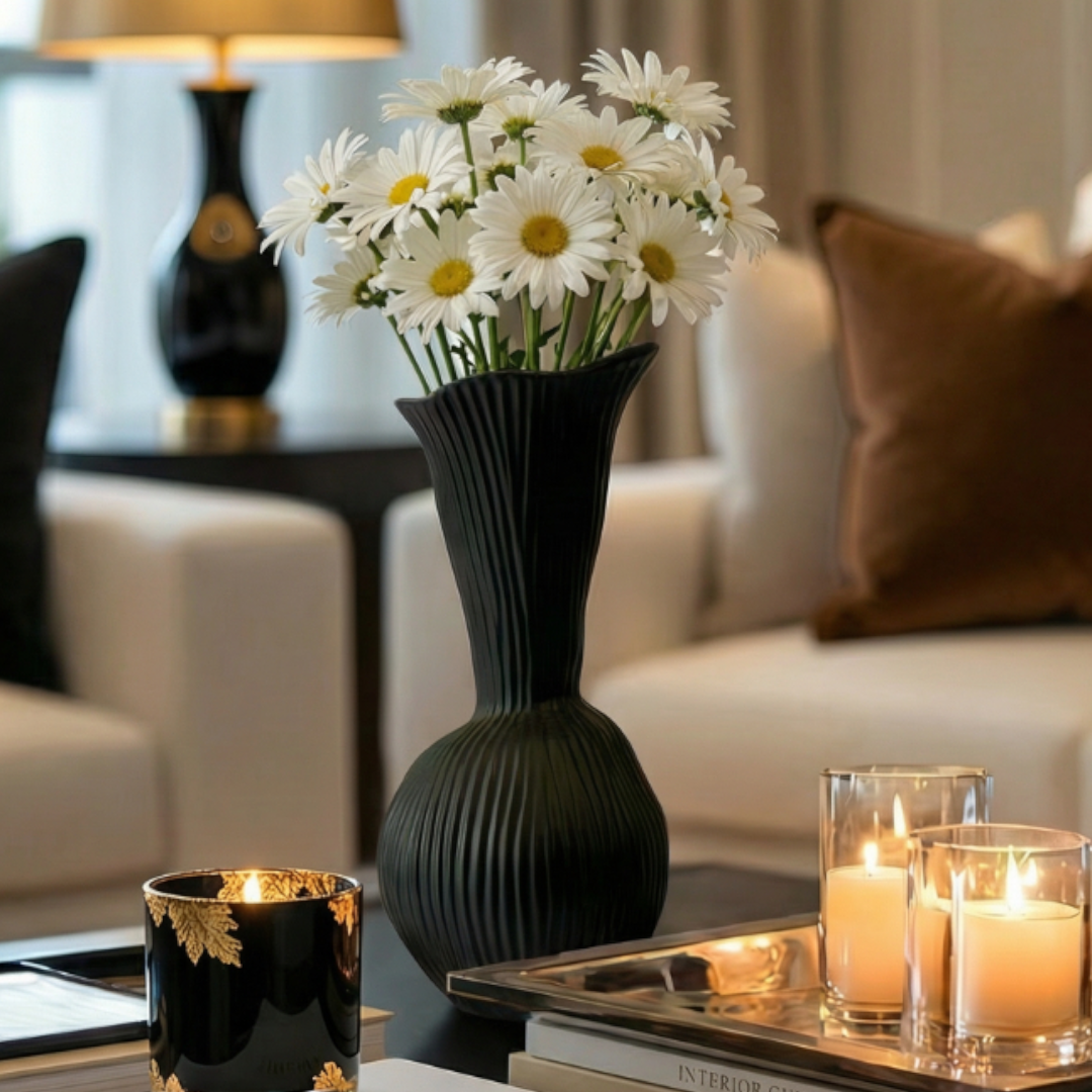 Everly Terracotta Vase, Hand-painted in Jet Black 4.7"D x 10.6" H