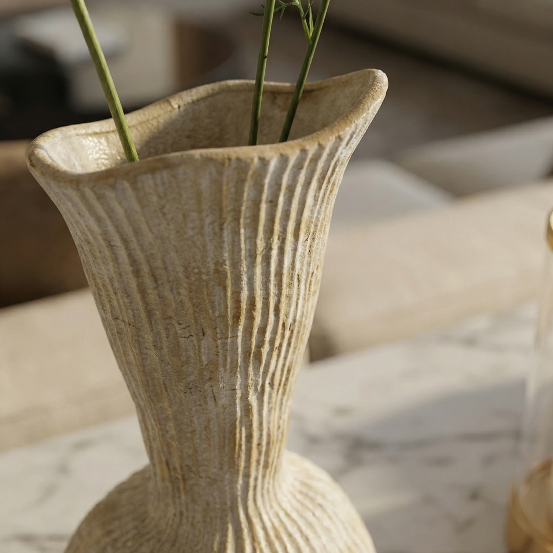 Everly Terracotta Vase Hand-painted in Sandwashed Ivory 4.7"D x 10.6"H