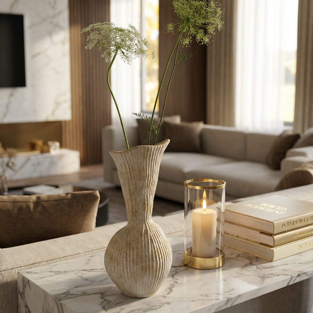 Everly Terracotta Vase Hand-painted in Sandwashed Ivory 4.7"D x 10.6"H