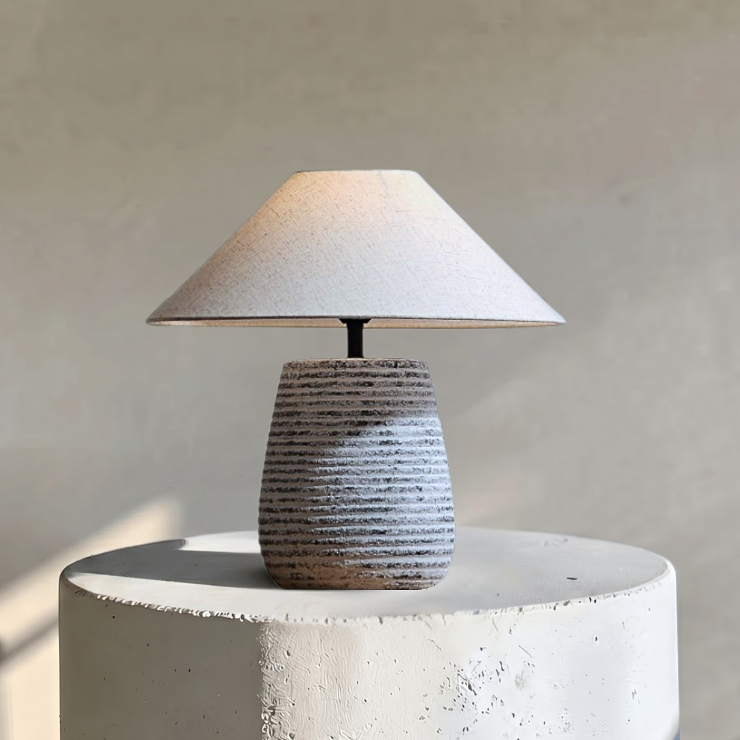 Solvia, Striated Sandstone Ceramic Base with Linen Dawn Fabric Shade, 19.7" D x 19.7" H