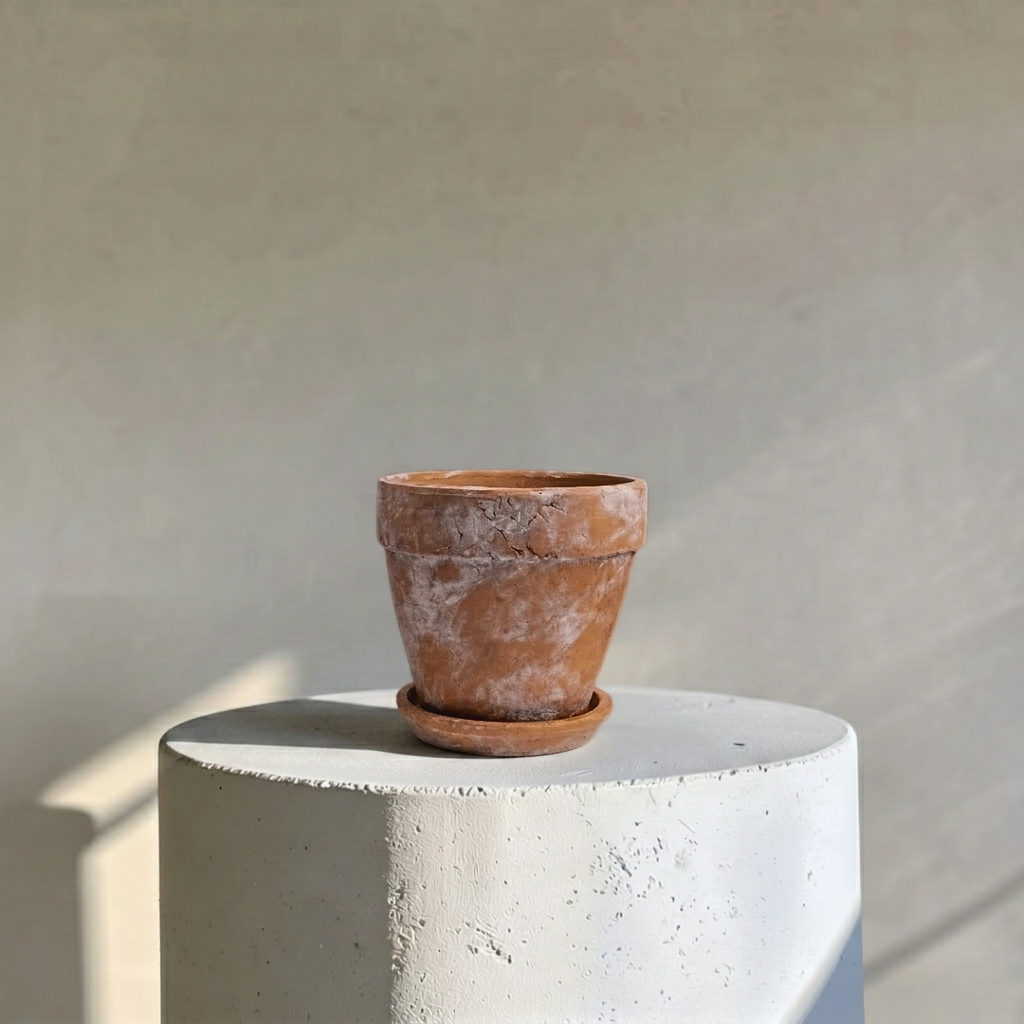 Venice Cement Planter with Dish and Drainage Hole, Handcrafted in Aged Terracotta, Large & Medium