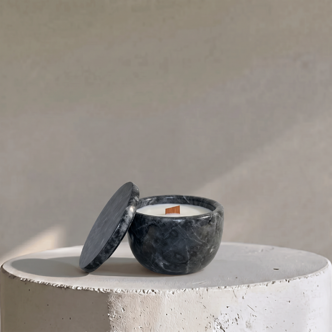 Midnight Stone Candēla, Marble Vessel with Lid