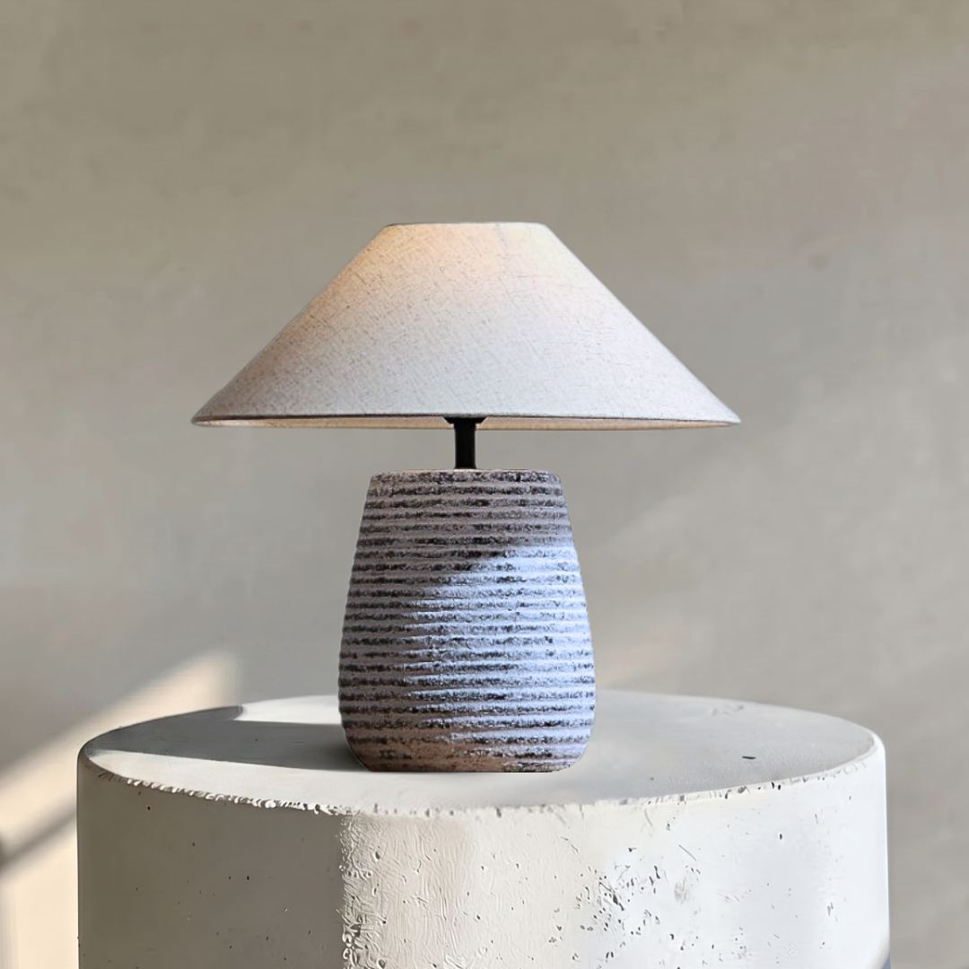 Solvia, Striated Sandstone Ceramic Base with Linen Dawn Fabric Shade, 19.7" D x 19.7" H