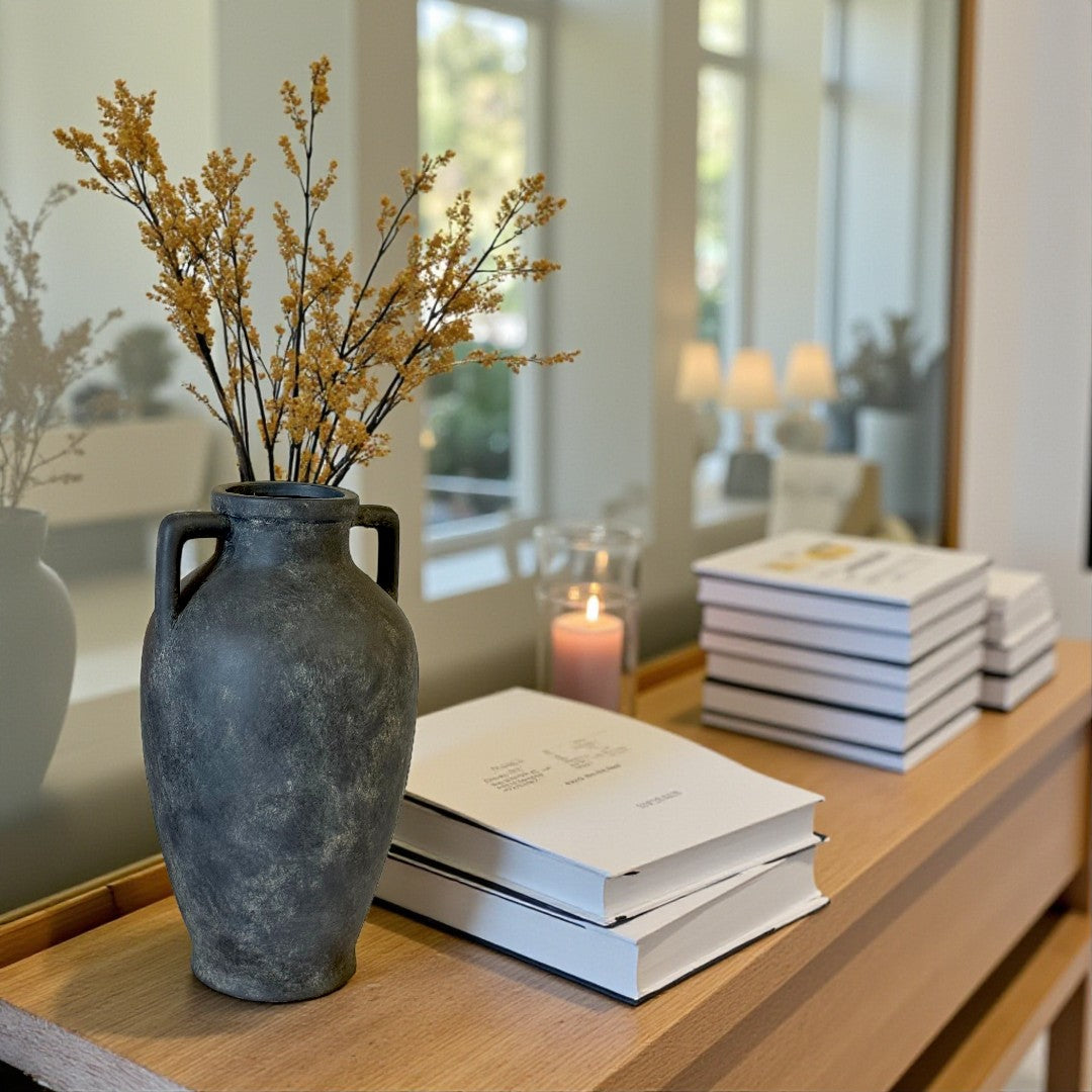 Hearth Terracotta Pot with Handles, Hand-Painted in Aged Black, 6.9"D X 12.6"H